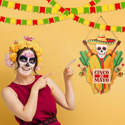 Menkxi 1 Pcs Cinco De Mayo Door Sign Decoration Mexican Skeleton Front Door Welcome Hanger Wreath Wooden Hanging Signs for Cinco De Mayo Party Supplies(Mexican Theme)