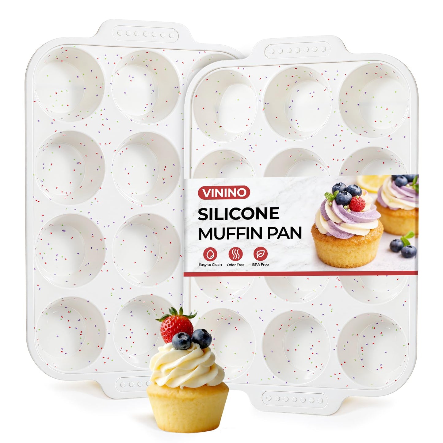 Vinino 2-Pack Silicone Muffin Pan for Baking with Metal Reinforced Frame, 12 Cups Regular Size Silicone Cupcake Pan with Non-Slip Handle, Nonstick Muffin Tray for Oven, BPA Free, Dishwasher Safe