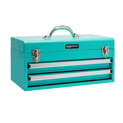 Amazon Basics Metal Tool Box with Drawers, Storage and Organization Tool Chest, Powder Coat Finish, 18.1 x 8.7 x 9.5 in, Turquoise