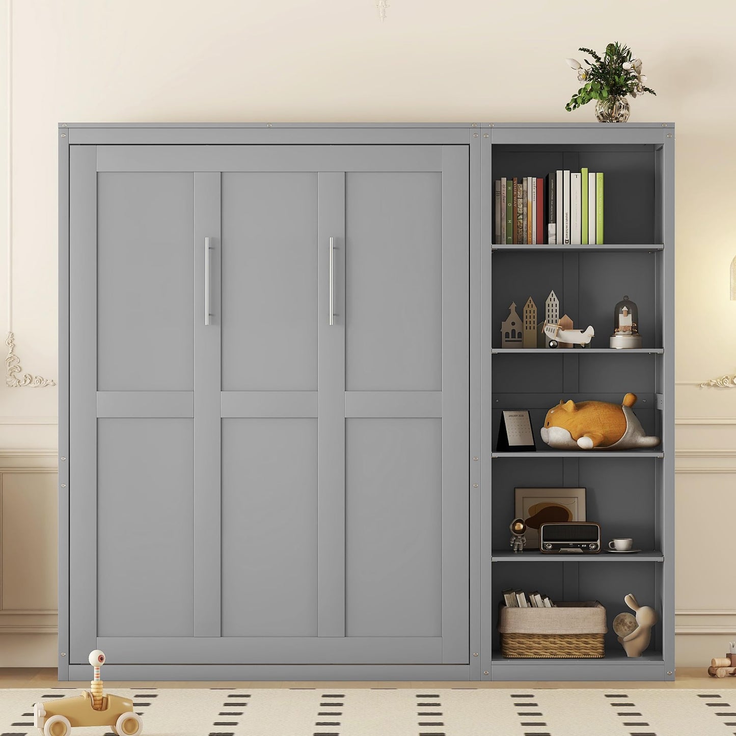 PacknWood Acosure Queen Size Murphy Five-Layer Cabinet,Solid Wood Storage Hidden Wall Beds Frame,W/Dual Piston Metal Folding Mechanism Designed,Space-Saving,for Home Office,Study,Guest Room,Gray