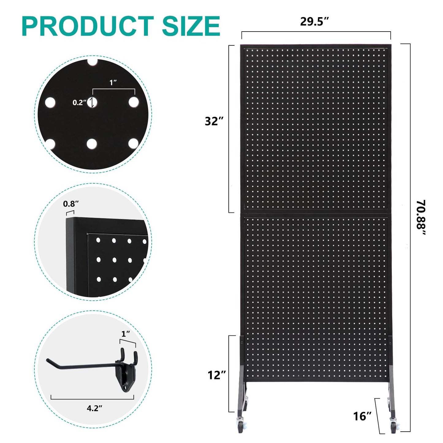 Eastern Tree 2.5'x 6' Metal Pegboard Display Stand with T-Base, Black Peg Board Panels Display with Casters, Standing Pegboard Display, Retail Display Stand, Extra 10 Pieces Hooks, Black