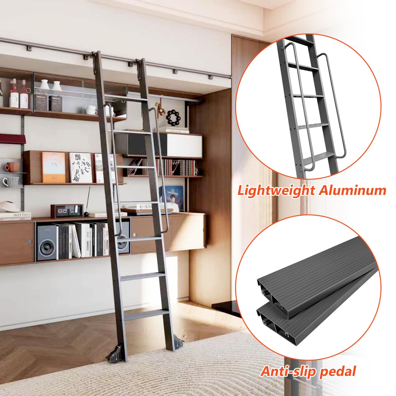 DIYHD 87" Lightweight Sliding Library Ladder with Handrail, Rolling Bookshelf Ladder with 4FT Rail System, Telescopic Top Hook, Upright Space-Saving Storage Design,7 Steps, 300 Pound Capacity, Black