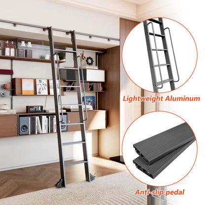 DIYHD 87" Lightweight Sliding Library Ladder with Handrail, Rolling Bookshelf Ladder with 4FT Rail System, Telescopic Top Hook, Upright Space-Saving Storage Design,7 Steps, 300 Pound Capacity, Black