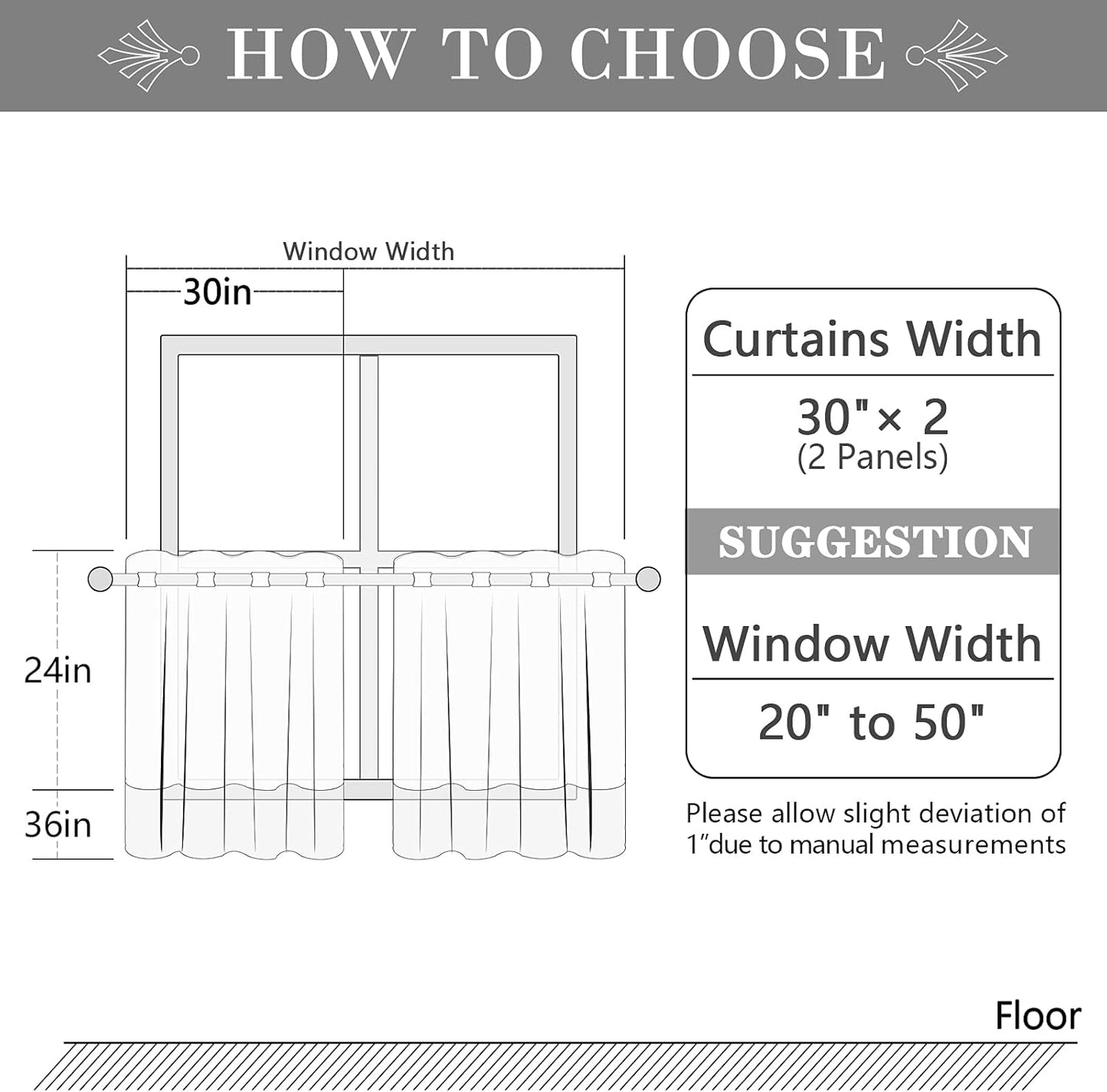 MRTREES Voile Sheer Tier Curtains, Floral Embroidered Kitchen Tiers Rod Pocket, White (2 Panels, 30x36 Inches)
