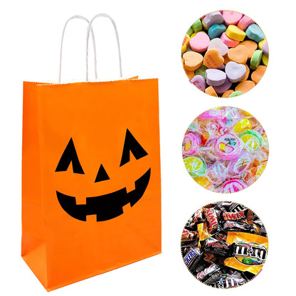 100 Pieces Halloween Pumpkin Gift Bags Trick or Treat Kraft Paper Candy Goodie Bags with Handle for Halloween Party Favors Supplies