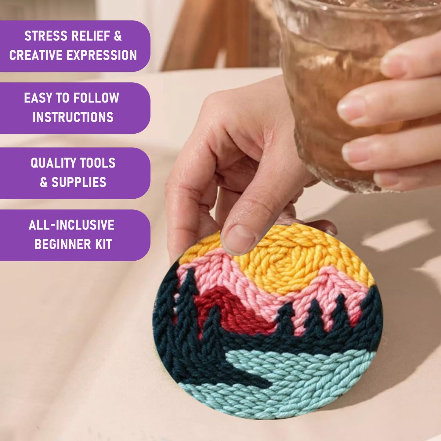 Punch Needle Coasters Kit for Beginners Adults, 6 Pattern Embroidery Scenery Punch Needle Kits, Scenery Punch Decoration DIY Kit with Patterns, Tools, Yarns, Hoop, Instruction Art Craft Supplies