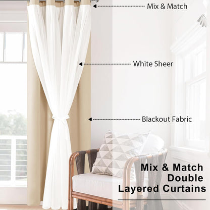 2 52W 84L Hiasan Blackout Curtains with Sheer Overlay, Thermal Insulated Mix & Match Double Layer Room Darkening