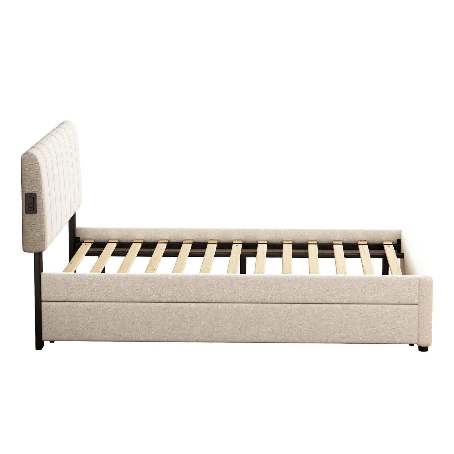FAVSH Full Size Upholstered Platform Bed with Trundle and 1 Sets of USB, Chenille Fabric Solid Wood Bedframe w/Wood Slats & LED Lights with APP for Bedroom,Beige