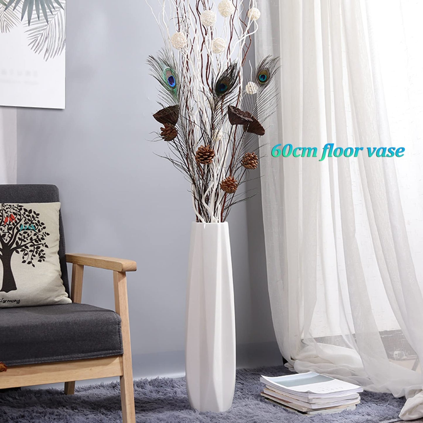 Floor vase Ceramic Vase，Decorative Large ，Floor, Large Floor Vase,White Ceramic Vase,Handcrafted,Sophisticated Vessel for Decorative Branches and Dried Flowers(61cm)