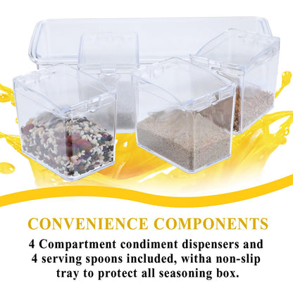 Tobeelec 4 Pcs Clear Seasoning Box with Spoon, 16 Pcs Kitchen Seasoning Spice Pots Acrylic Spice Storage Containers Condiment Jars Clear Spice Jars with Cover for Salt Candy Cruet Sugar