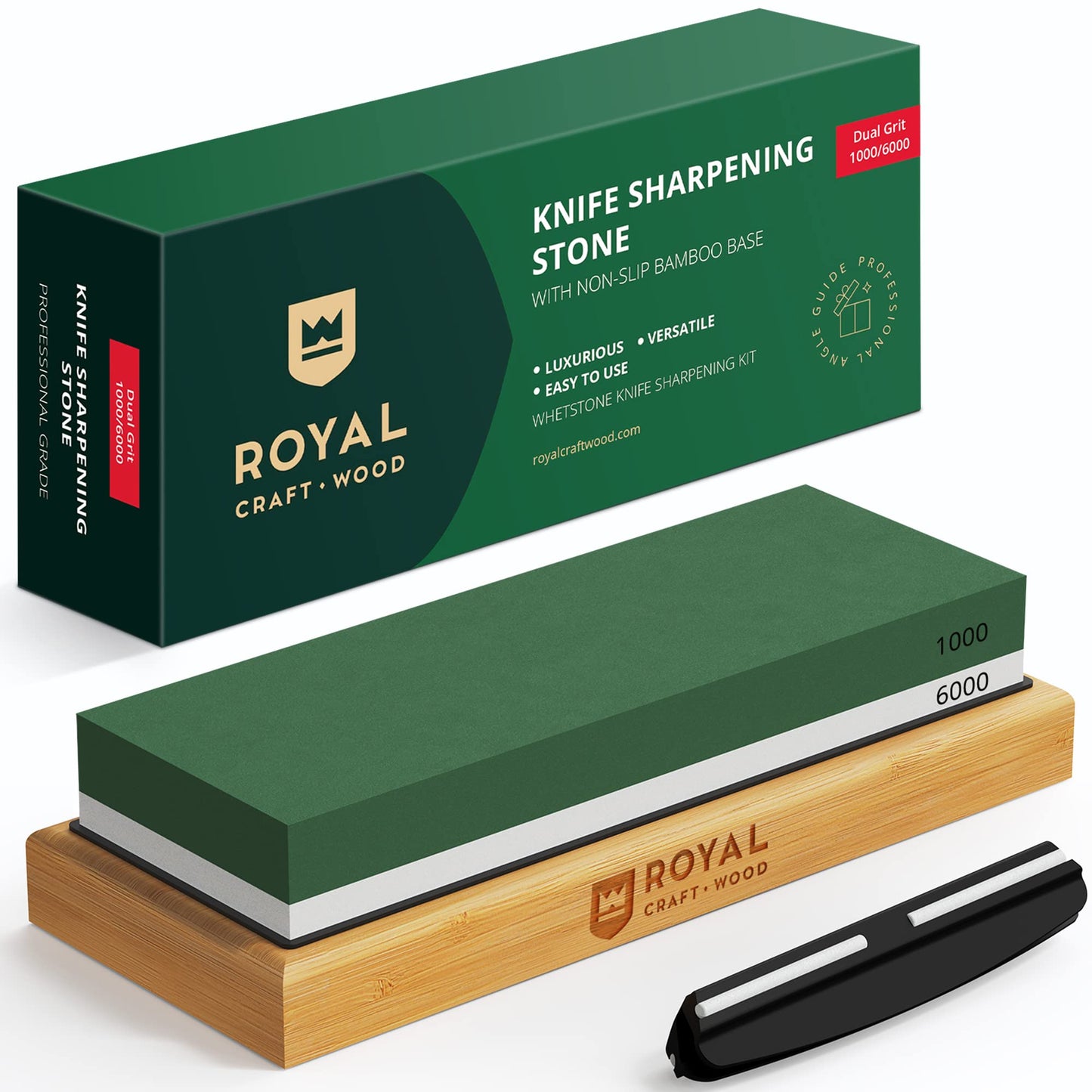 Universal Knife Sharpening Stone w/Dual Grit 1000/6000 for Kitchen Knife Set, Chef Knife, and more - Whetstone Sharpening Kit with Angle Guide, Non-Slip Silicon and Bamboo Bases by ROYAL CRAFT WOOD