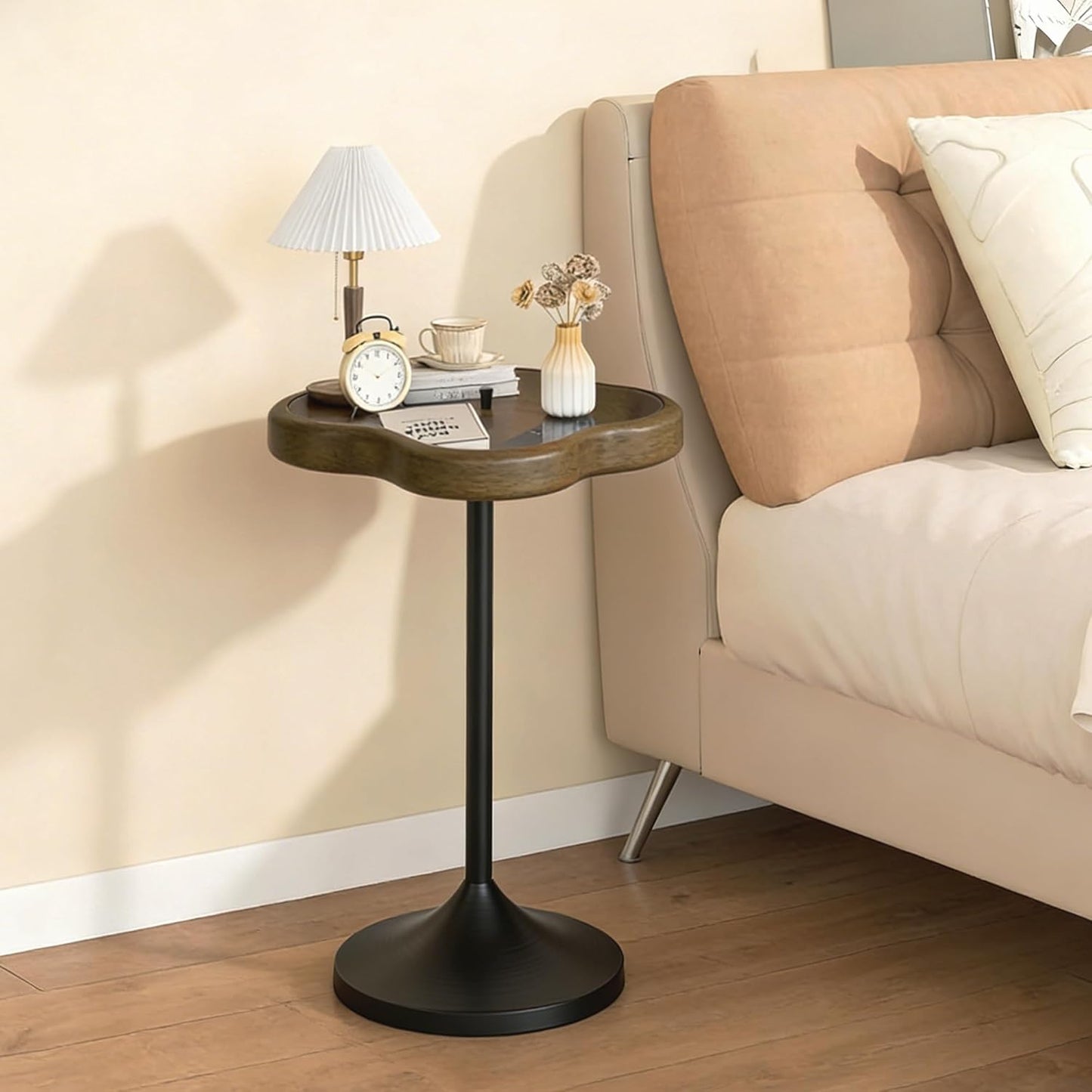 Aoligrace Small Side Table, Solid Wood End Table with Tempered Glass Top, Unique Drink Pedestal Table with Storage