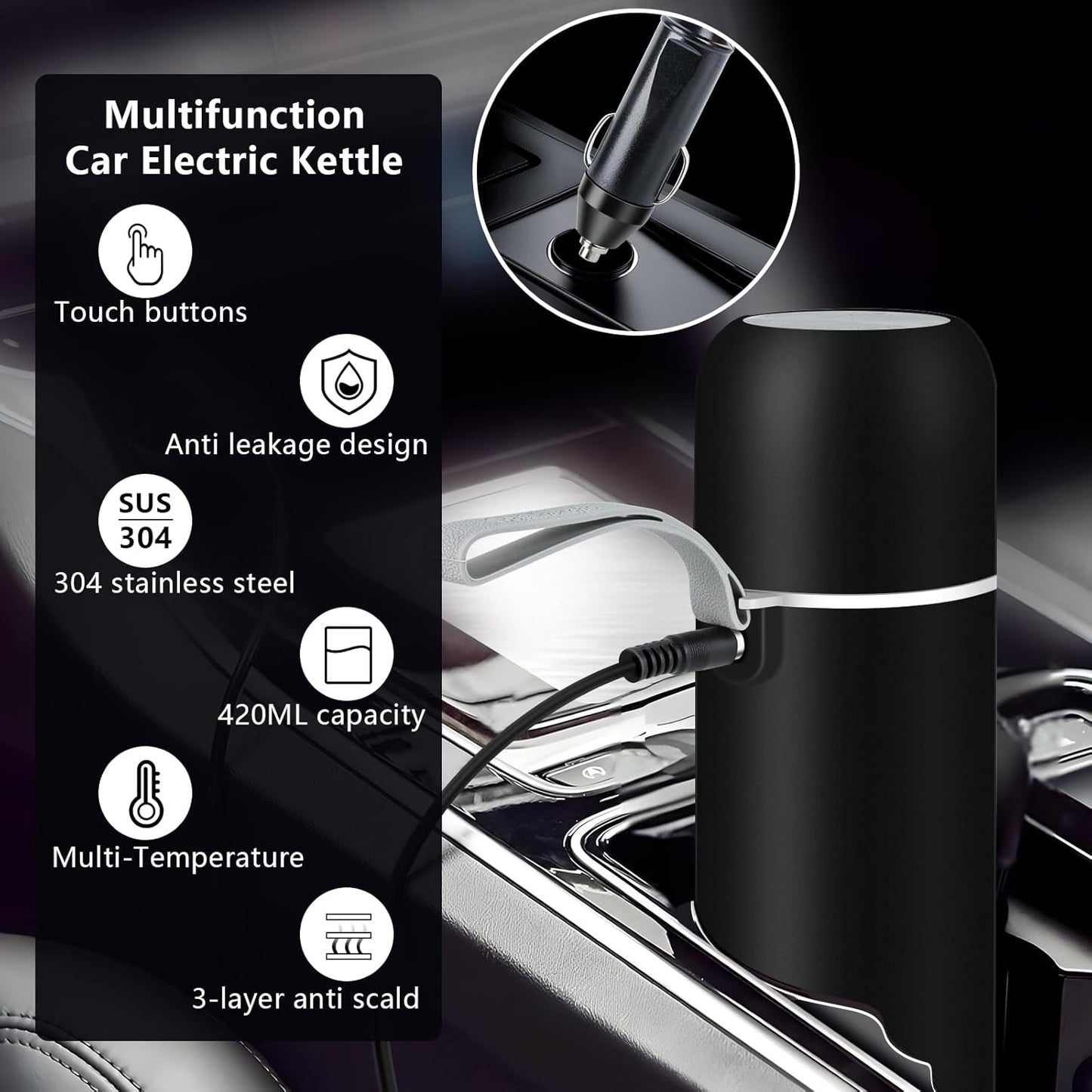 12V/24V 420ML 304 Car Kettle, Portable Electric Travel Kettle & Stainless Steel Water Boiler with Built-in Magnetic