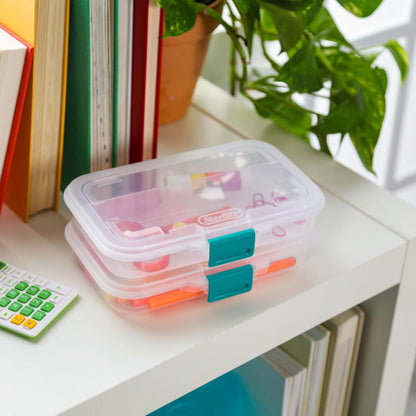 Sterilite Small Divided Pencil Box, Stackable Plastic Storage Container with Latching Lid, Clear Case, 12 Pack