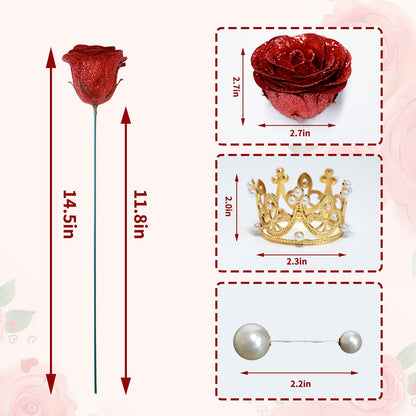 jabeick Glitter Roses Bouquet, Shiny Artificial Roses Flowers with Stems DIY Fake Glitter Flowers Bouquet for Valentines Mothers Day Graduation Birthday Anniversary, 24 Roses (Red)