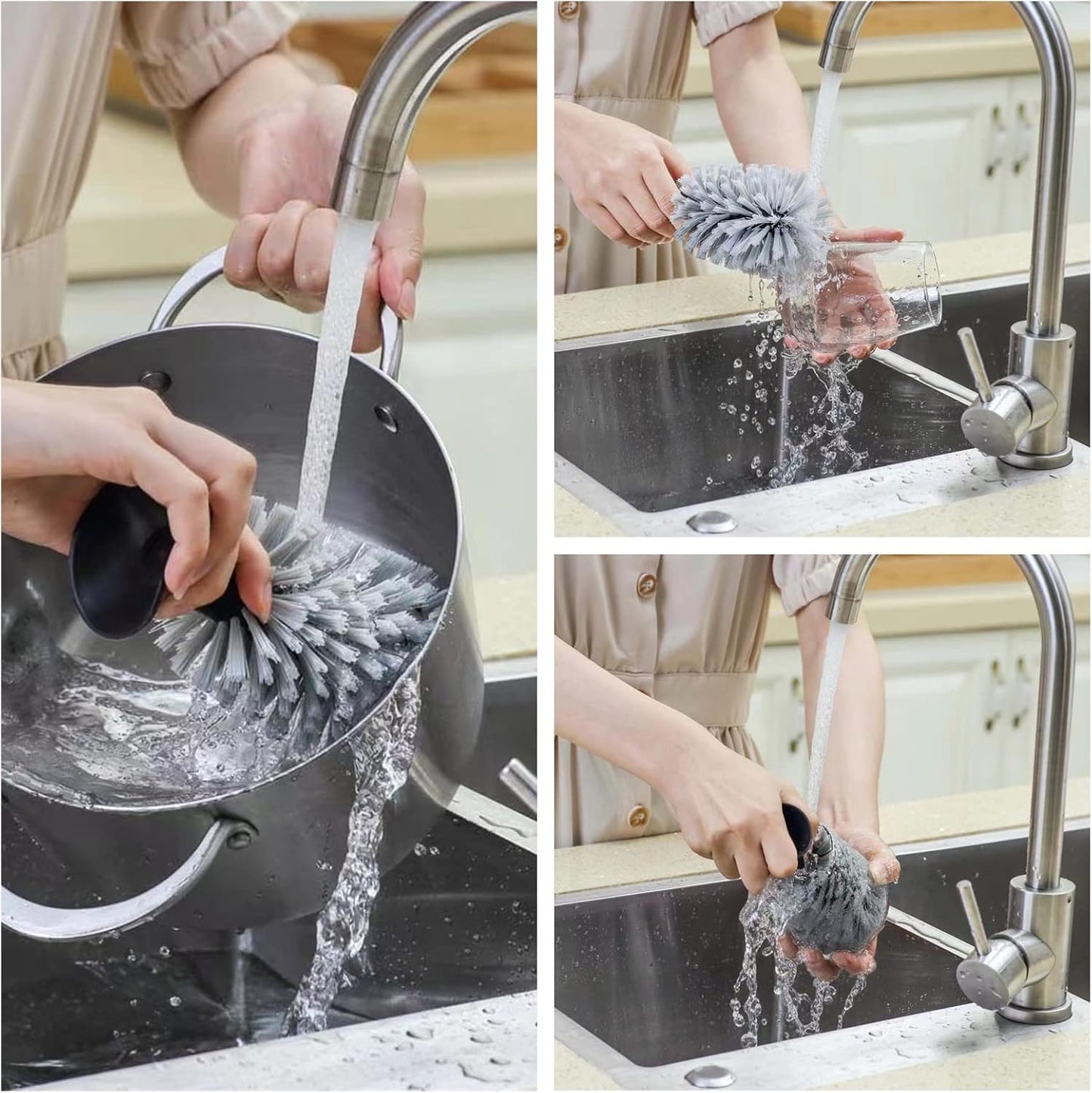 2PCS Glass Cleaning Brush with Suction Cup, Stable Kitchen Bottle and Wine Cup Cleaner, Gray