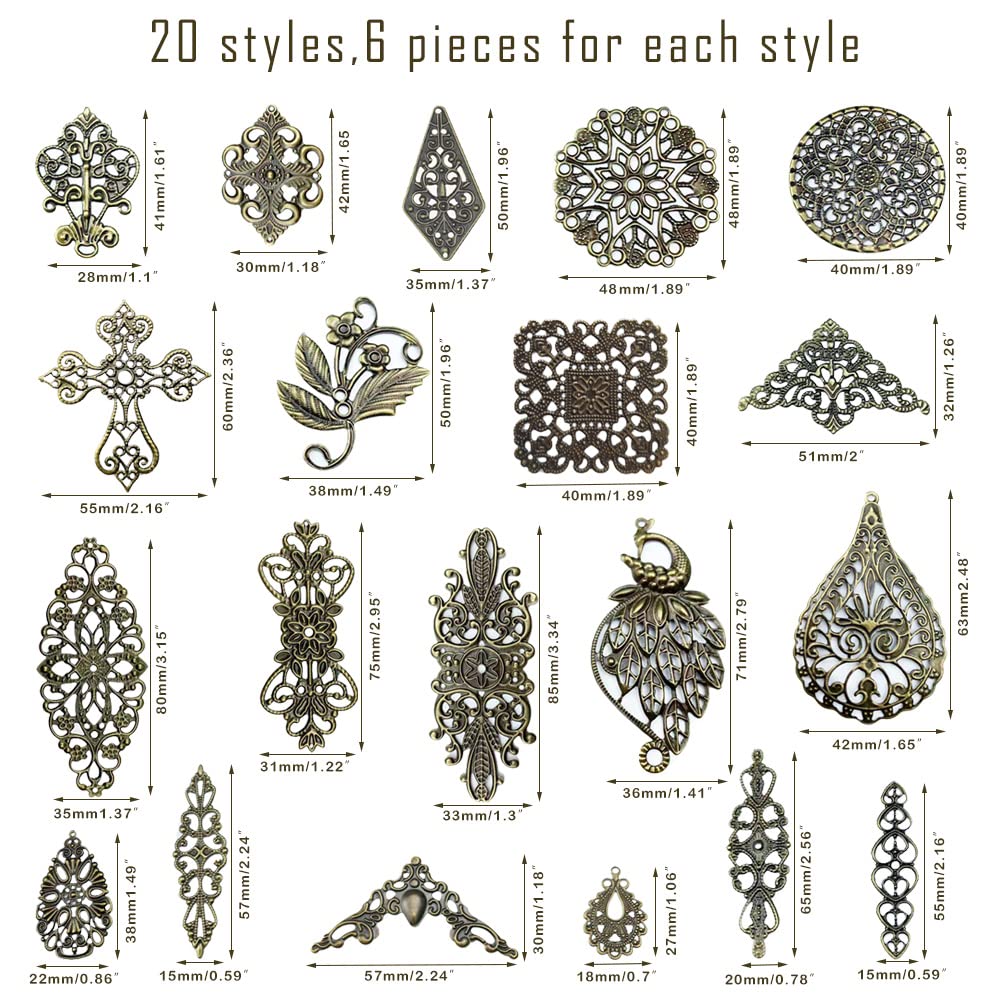 metulip 120Pcs Antique Bronze Filigree Connectors Tibetan Metal Filigree Charms Pendants Links Vintage Filigree Embellishments for Craft DIY Earrings Hairpin Necklace Jewelry Making