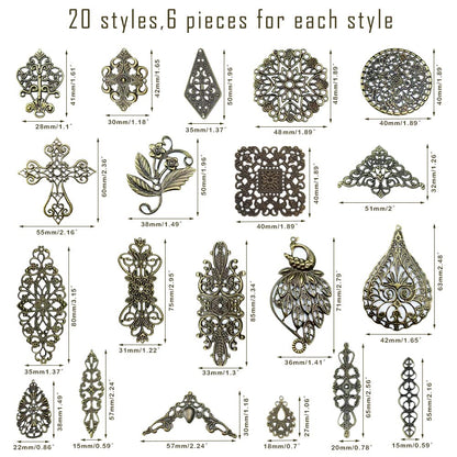 metulip 120Pcs Antique Bronze Filigree Connectors Tibetan Metal Filigree Charms Pendants Links Vintage Filigree Embellishments for Craft DIY Earrings Hairpin Necklace Jewelry Making