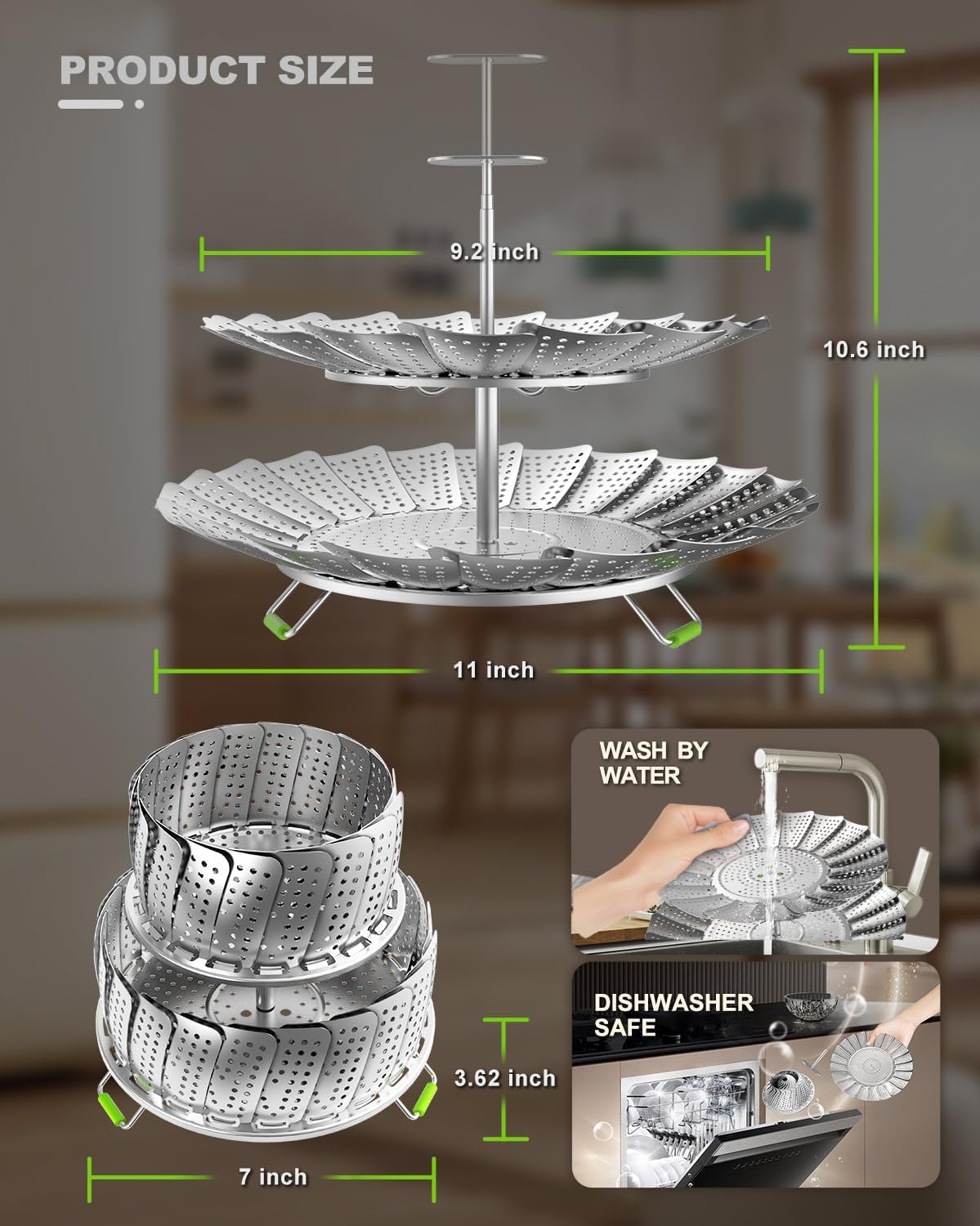 Vegetable Steamer Basket - 2 Layer Large Capacity Food Steamer for Cooking, Stainless Steel Folding Expandable