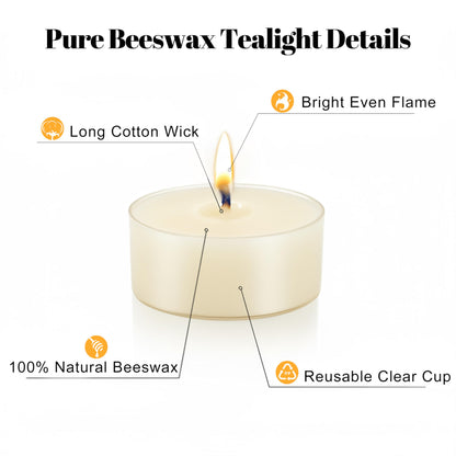 48 Pcs Natural Beeswax Tealight Candles White, Pure Beeswax Tea Candles in Clear Cup, Organic Ivory Small Tea Light Candles with 4 Hours Clean Burn Time, Soy, Paraffin, & Fragrance Free