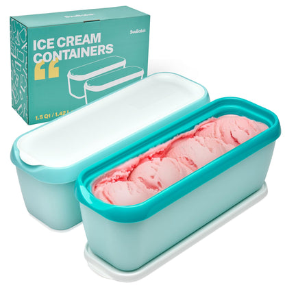 SveBake Ice Cream Storage Containers with Lids 2 PACK - 1.5 Quarts Homemade Ice Cream Tubs, Freezer Containers, Turquoise & Green