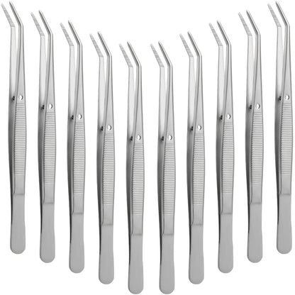 Honoson 10 Pcs Stainless Steel Tweezers for Crafting with Curved Serrated Tip Multipurpose Forceps Sewing Machine Tweezers Bulk (Silver)