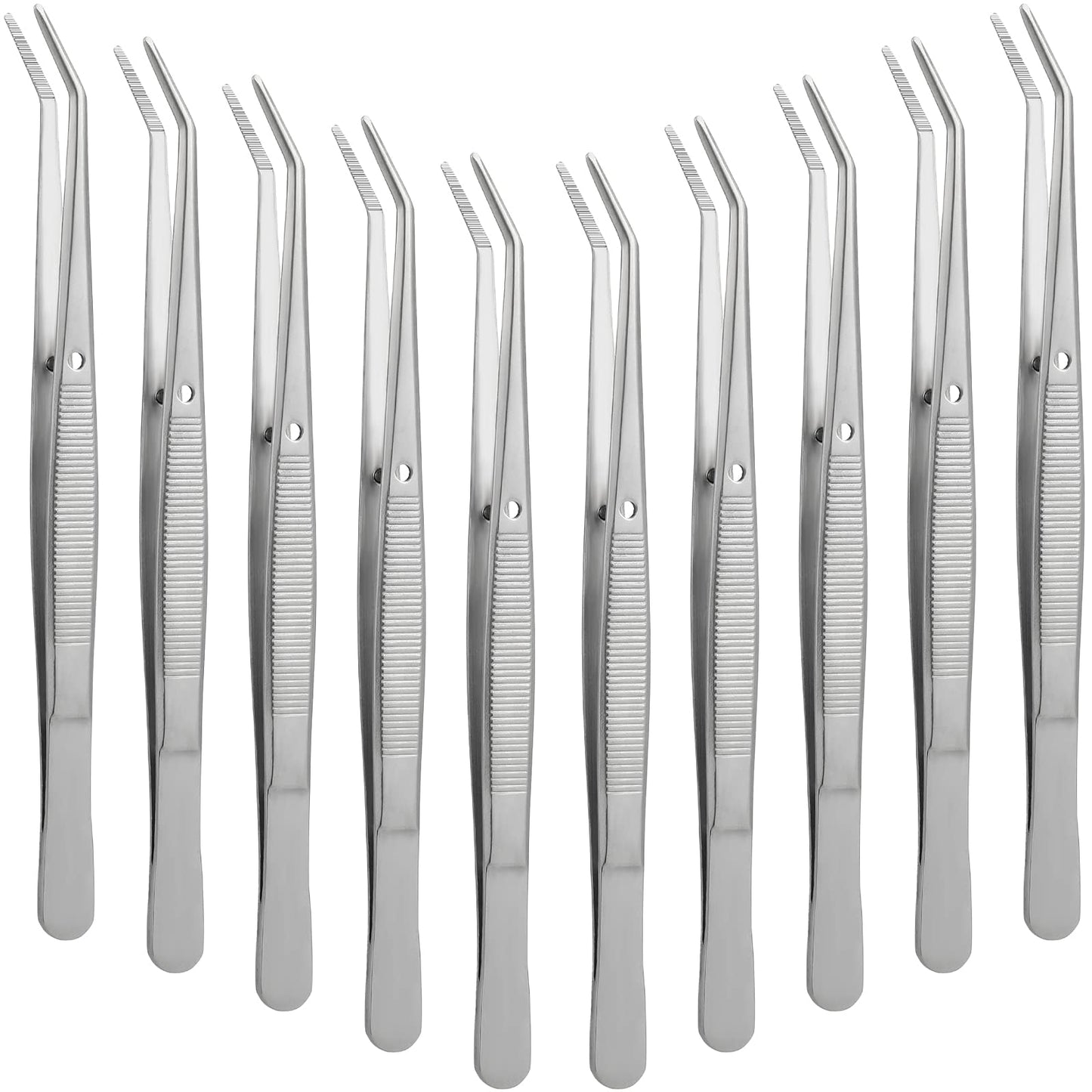 Honoson 10 Pcs Stainless Steel Tweezers for Crafting with Curved Serrated Tip Multipurpose Forceps Sewing Machine Tweezers Bulk (Silver)