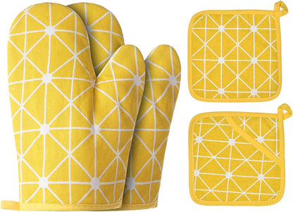 Oven Mitts and Potholders BBQ Gloves, 4-Piece Set Yellow, Non-Slip Cooking Gloves for Baking Grilling