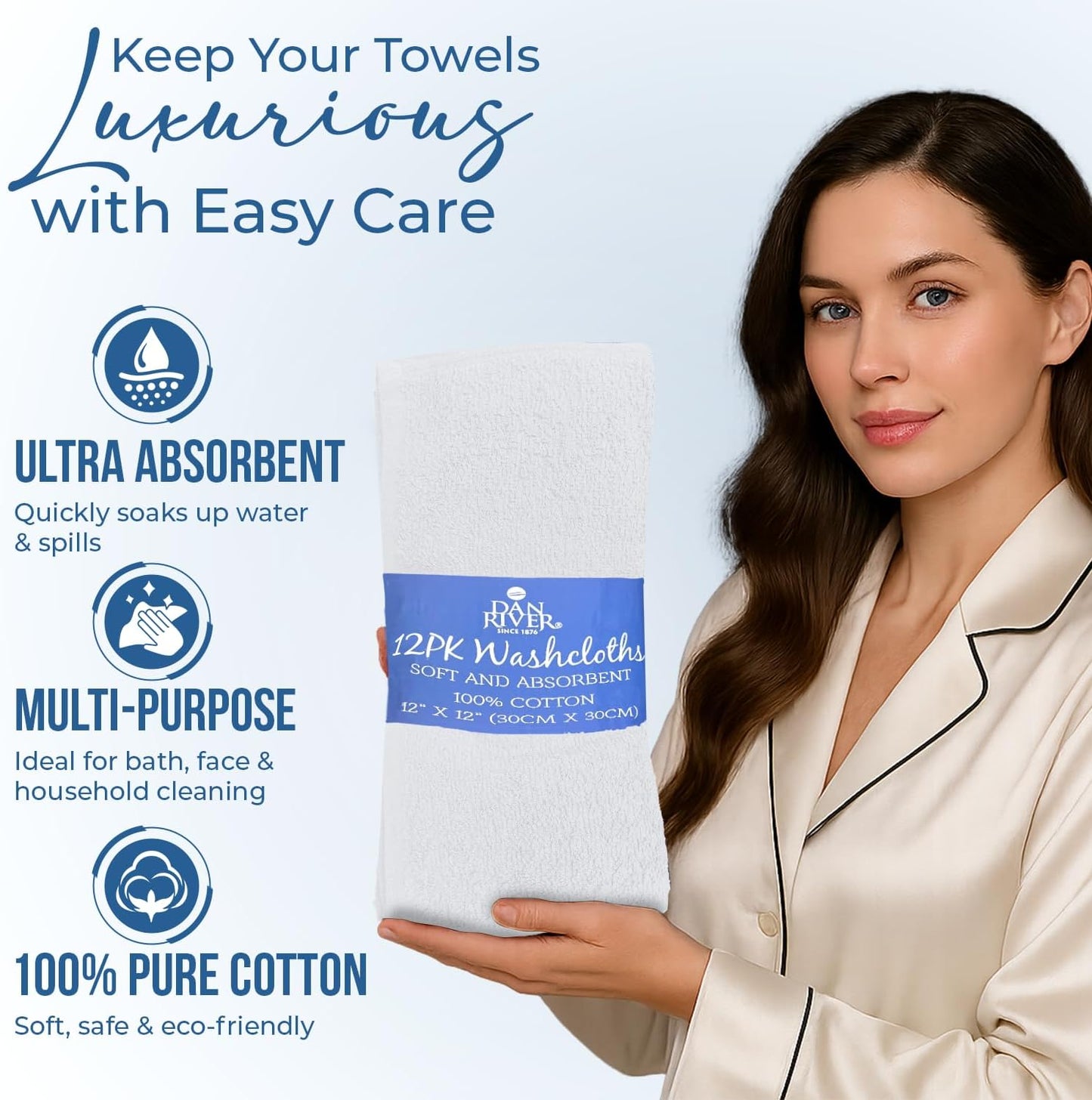24 Pack [12x12] 100% DAN RIVER Wash Cloths for Showering - Cotton Washcloths Premium Quality Flannel Face Cloths