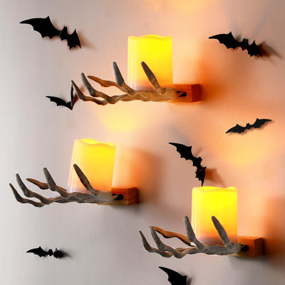 Tuanse 6 Pcs Halloween Skeleton Wall Decorations 3 Witch's Hand Wall Mounted Creepy Hands 3 Lighted Candles 3D Black Spooky Bats Double-Sided Tape for Gothic Halloween Indoor Home Decoration