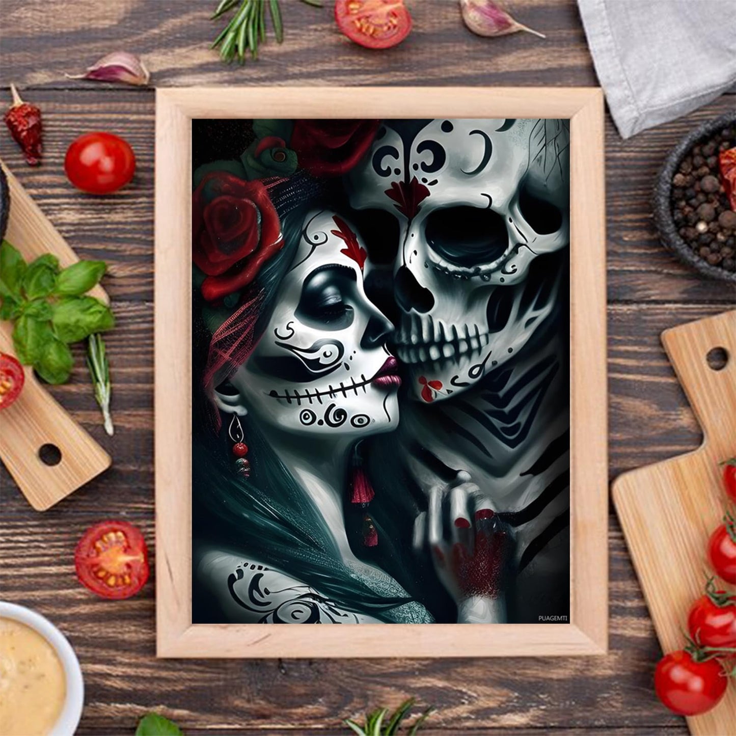 PUAGEMTI Skeletons Couple Kissing Diamond Painting for Adults, Mexican Skull Full Drill Diamond Art Painting Rhinestone Diamond Painting Kits Home Wall Decor or Mexican Gifts 12x16 inch