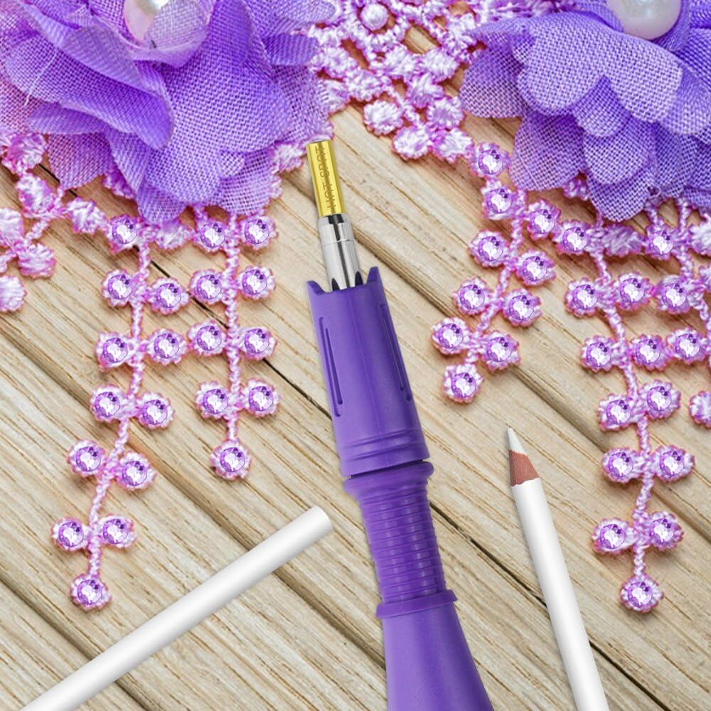 XINMEIWEN Hot fix Applicator Tool with Rhinestone DIY Wand Setter Tool Kit Including 7 Different Sizes Tips Tweezers & Brush Cleaning Kit and 3 Pack Hot-Fix Crystal Rhinestones (Purple)