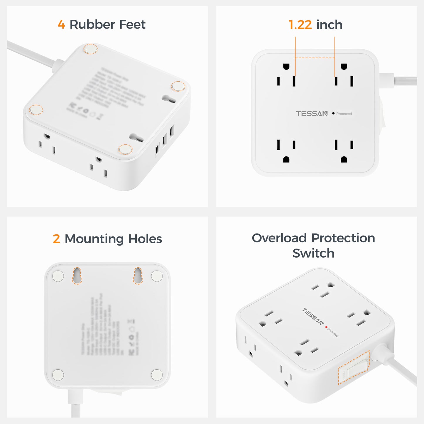 TESSAN Surge Protector Power Strip, 5 Ft Flat Plug Extension Cord with 3 USB (1 USB C) 8 Outlets, 900J Surge Protection, 3 Sided Outlet Extender with Power Switch for Office, Dorm Room Essentials