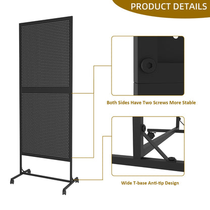 Arbuxzuy 2 x 5.5 Feet Pegboard Display Stand with 10 Hooks, Peg Board Stand with Wheels, Standing Pegboard Display, Metal Freestanding Pegboard Craft Shows Vendors Retail Jewelry Organizer (Black)