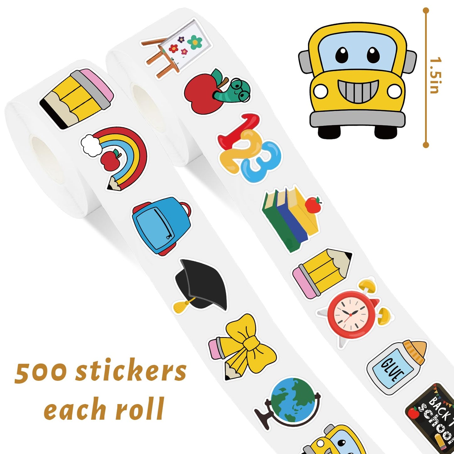 FYSUIMU 1000 Pcs Back to School Stickers Roll 18 Designs School Bus Apples Pencil Seal Stickers Self-Adhesive Label Decals for Craft Scrapbook Bottle Envelope Card Party Favor Decor