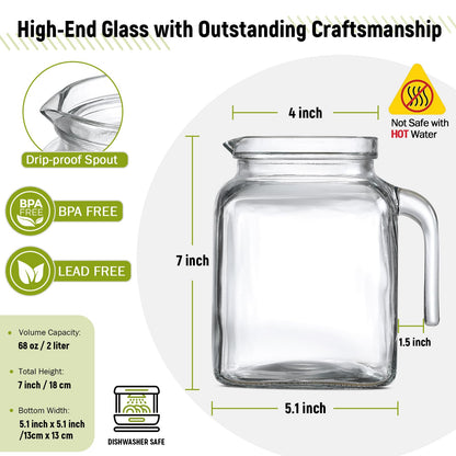 68 Oz Seal Pitcher With Lid and Spout, Large Iced Tea Pitcher for Fridge, Wide Mouth Glass Jar Container for Homemade Juice & Iced Tea, Iced Coffee, and Drinks