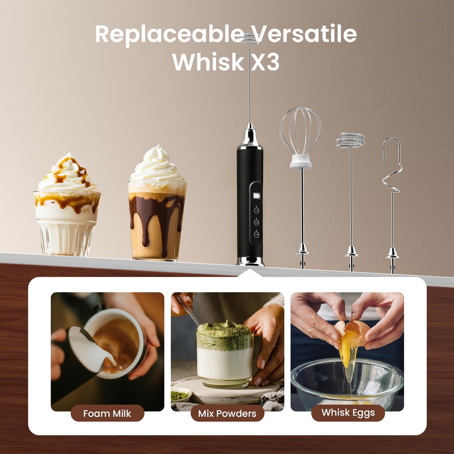 YUSWKO Milk Frother Wand for Coffee, Handheld Coffee Frother, Rechargeable Drink Mixer, Waterproof Electric Whisk, Black