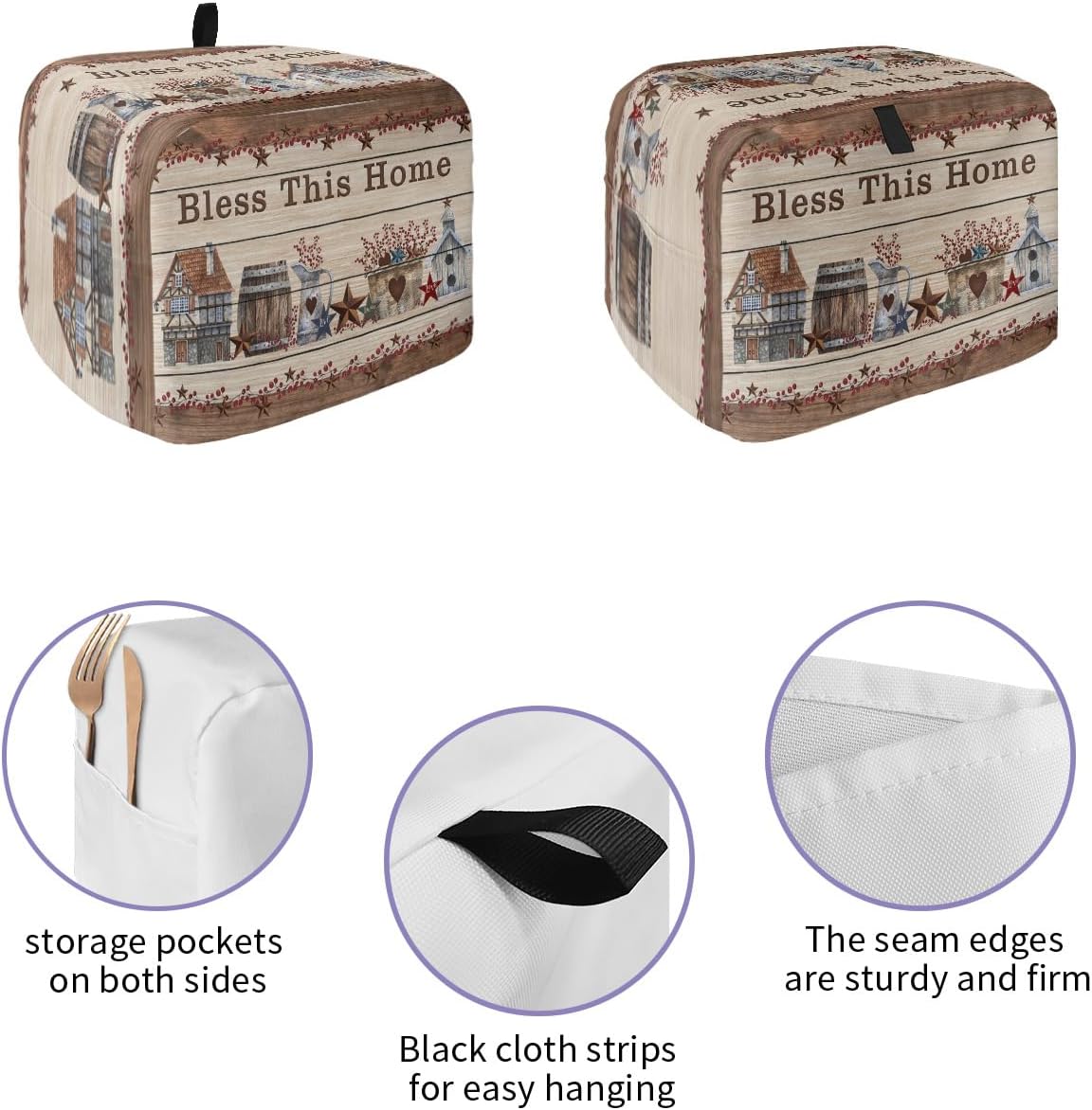 Toaster Dust Cover with Pockets, 2 Slice Soft Washable American Country Star Bless This Home Berries Wooden Board