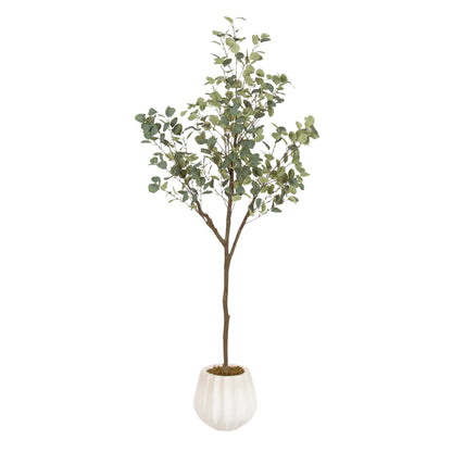 Kate and Laurel Eudora Faux Eucalyptus Tree with Claudel Scalloped Planter Pot, 6 FT, White, Potted Artificial Tree Indoor with Realistic Foliage and Added Moss, Fake Plant for Living Room Decor
