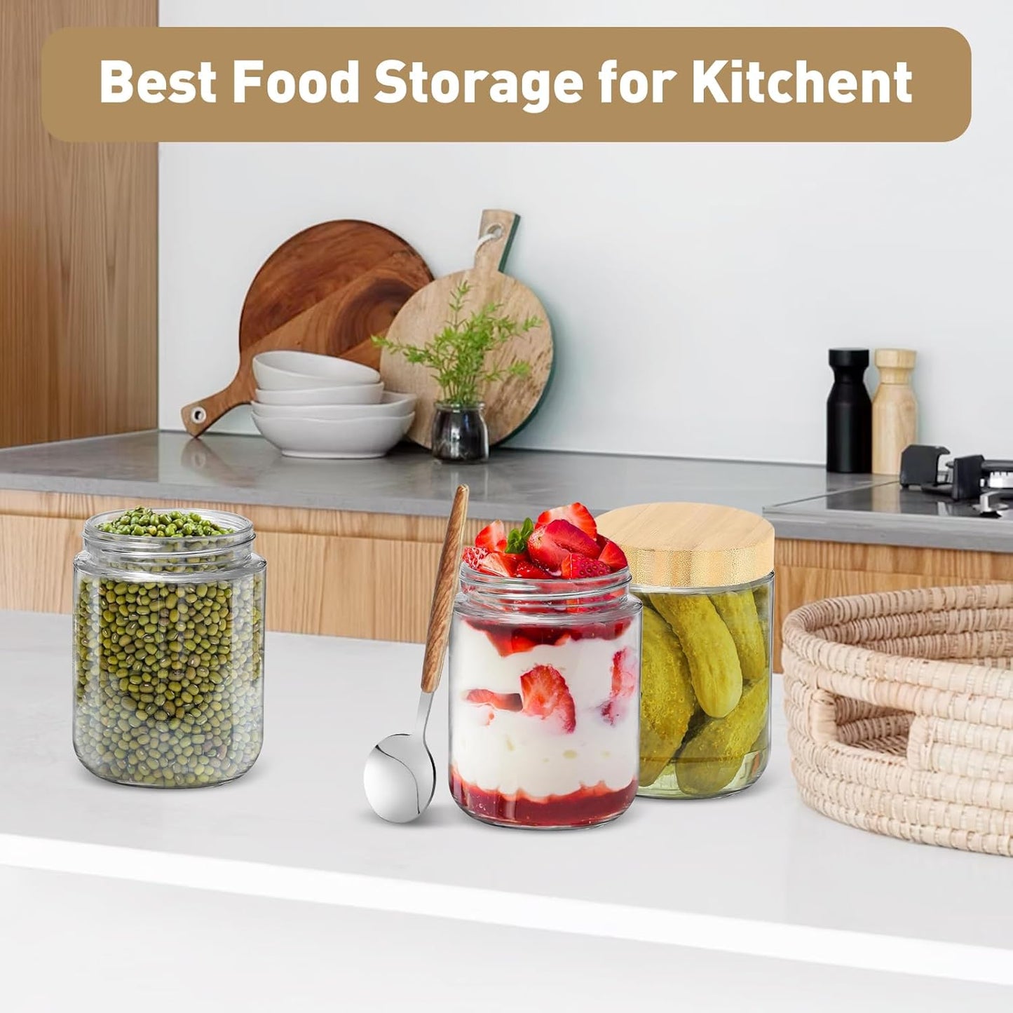16oz 4 Pack,Overnight Overnight Oats jars Oats Containers with Bamboo Lids for Meal Prep,Wide mouth Mason Glass Salad