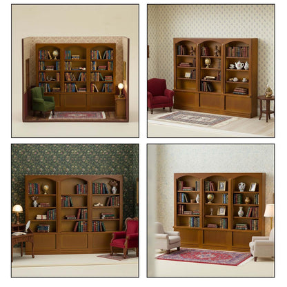 1:12 Dollhouse Mini Bookcase, Wooden Triple Display Cabinet & Bookshelf, Miniature Display Shelf for Doll House Decor Dollhouse Library Furniture Accessories (Brown)