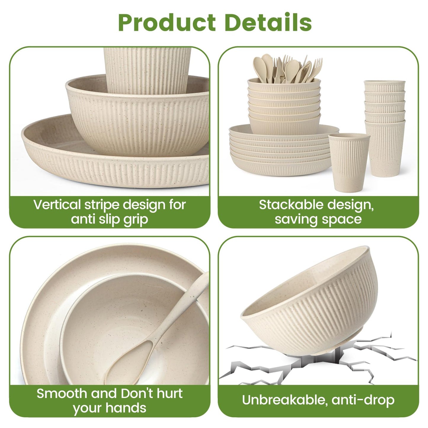 36-Piece Reusable Wheat Straw Dinnerware Sets for 6, Farielyn-X Unbreakable Reusable Set Kitchen Cups, Plates, Bowls Sets & Cultery Dishwasher Microwave Safe - Patio, Outdoors, RV, Camping Dishes