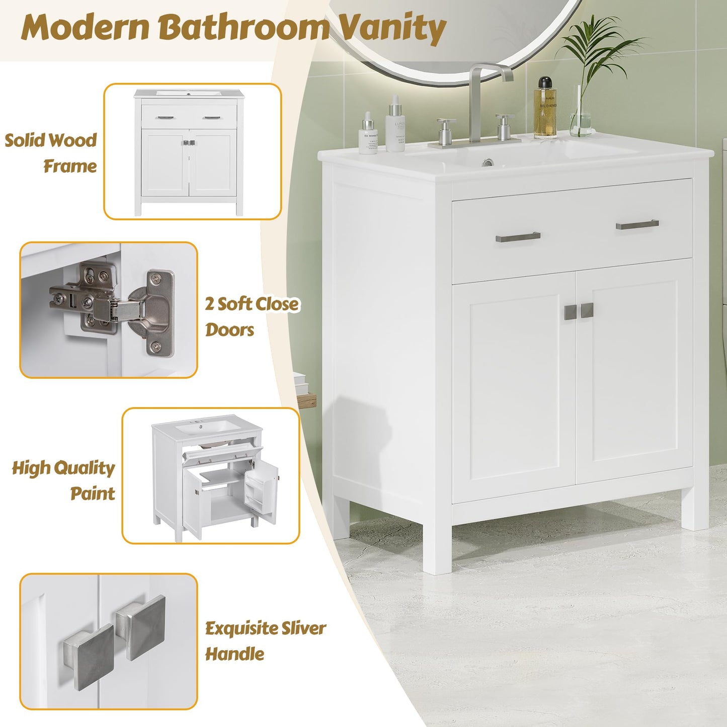Favfurish 60" Double Bathroom Vanity,Free Standing Double Basin Vanity Set w/ 2 Ceramic Sinks,Adjustable Shelf & Soft Close Doors,Solid Wood Frame Storage Cabinet w/Flip Drawer,for Bathroom,White