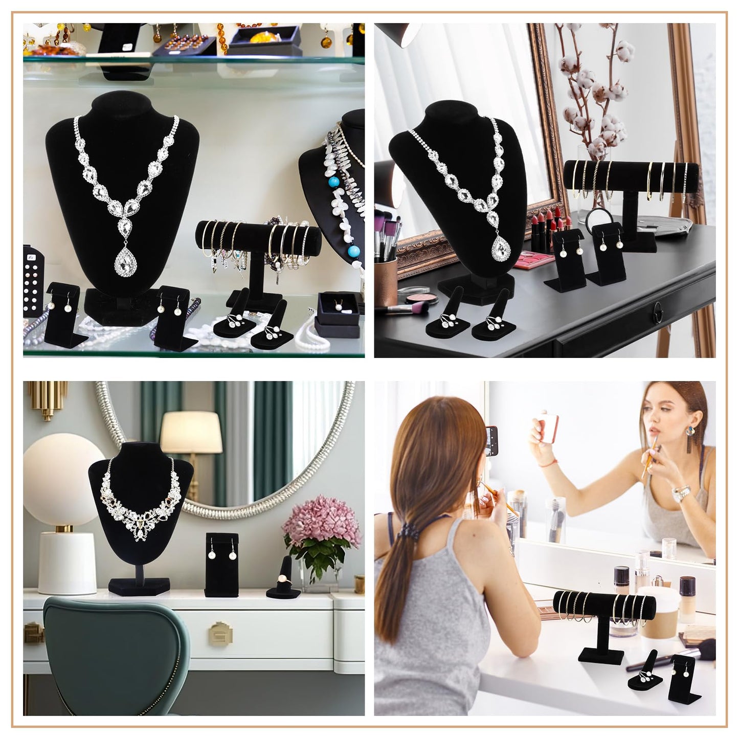 Wenqik 6 Pcs Velvet Jewelry Display Set Velvet Necklace Mannequin Bust Stand T Bar Bracelet Holder 2 Earring Stand 2 Ring Finger Jewelry Holder for Home Decor Showcase