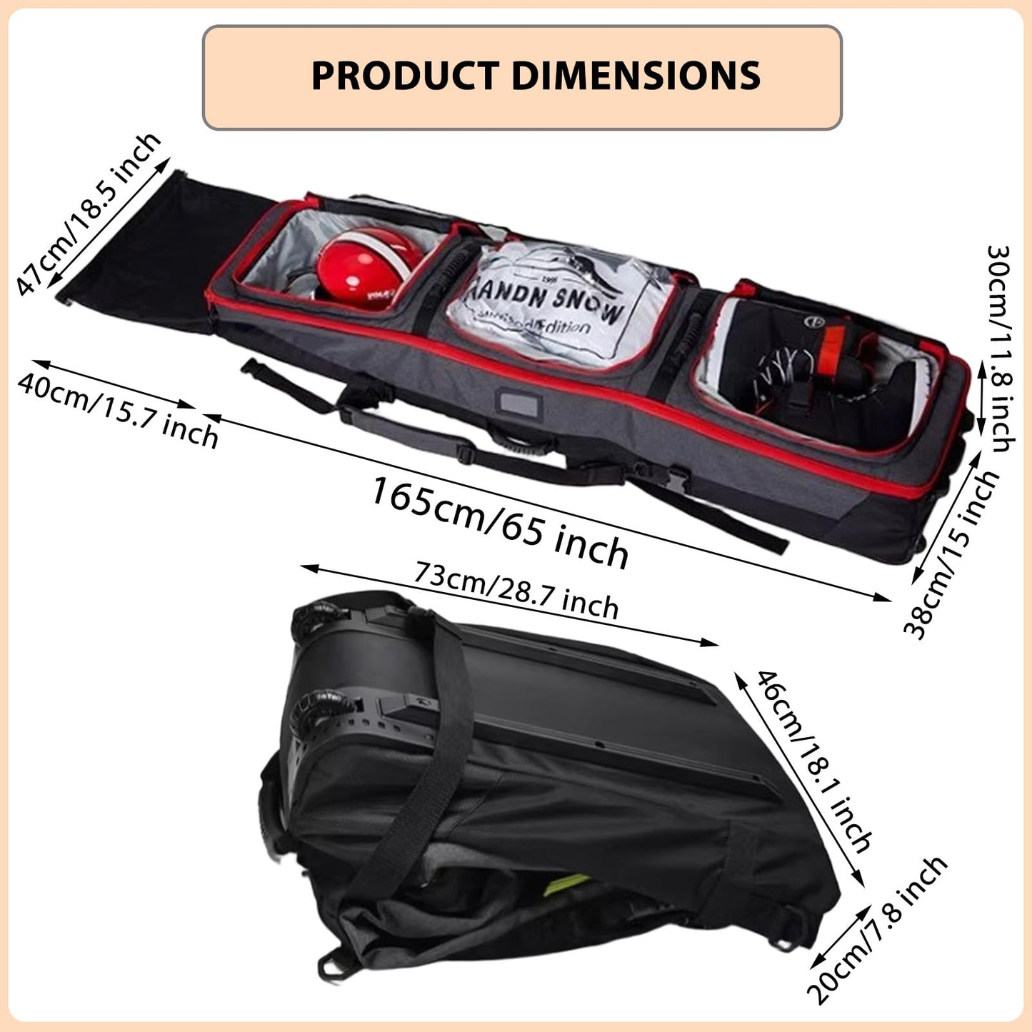 Padded Snowboard Bag with Wheels, Heavy-Duty Wheeled-Ski Travel Bag, Storage Ski Board Boots, Helmet, Jacket for Flying Air Travel, 65 Inch (Extendable to 80.7 Inch),Green