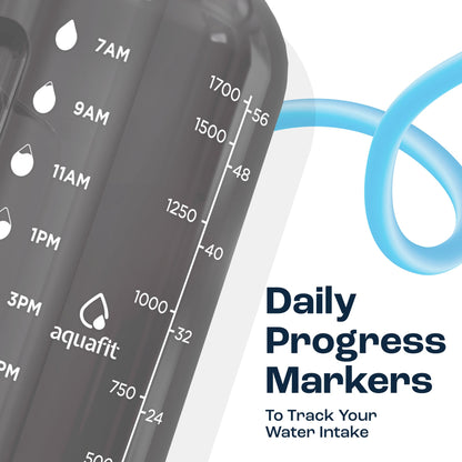 AQUAFIT Half Gallon Water Bottle with Time Marker - Straw & Chug Lid - BPA Free Gym Water Bottle with Straw - Big Gallon Jug (Gray, 64 oz - 2in1 Lid)