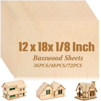Riakrum Basswood Sheets Plywood Board Unfinished Wood Boards for Crafts for DIY Laser Projects Architectural Mini House Building Hobby Model Making(12 x 18 x 1/8 Inch,72)