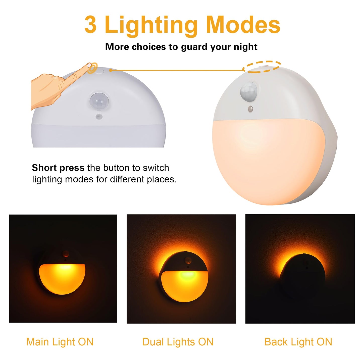 YUNLEX 2 Pack Motion Sensor Night Light, 2 Light Sources, 3 Light Modes, Night Light for Stairs, Bathroom, Bedroom, Hallway, Kitchen, Amber