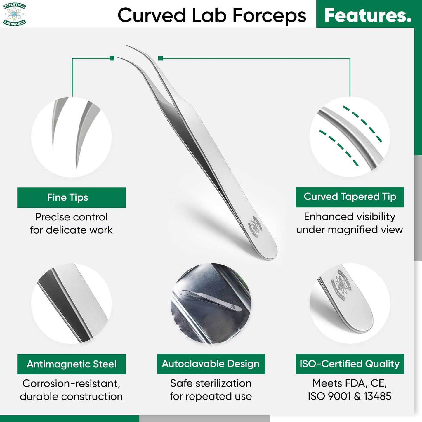 Scientific Labwares High Precision Stainless Steel Lab Forceps with Curved Very Fine Tips