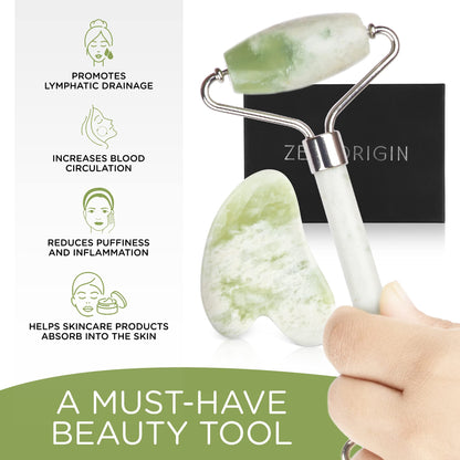 Jade Roller and Gua Sha Set - 100% Natural Jade Stone Face Roller, Dual Sided Massage Roller Stimulates Blood Flow, Relieves Stress, Reduces Signs of Aging, Travel Pouch Included, Gift Box
